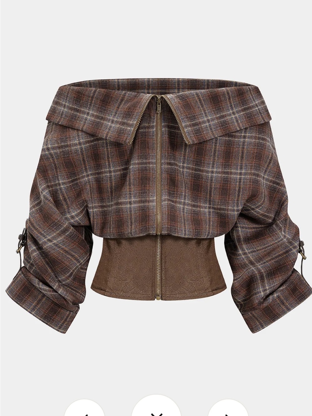 Off-Shoulder Cropped Plaid Jean Jacket in Brown